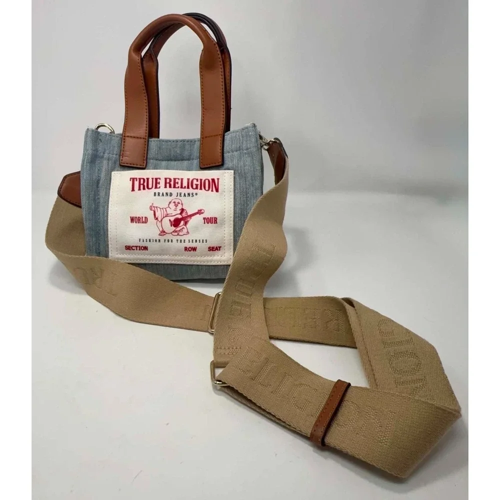 True Religion World Tour Mini Tote Crossbody Bag‎ Denim Buddha Logo Patch Y2K